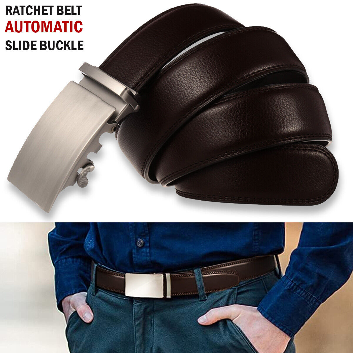 Microfiber Leather Mens Ratchet Belt Belts For Men Adjustable Automatic Buckle Dark Brown Image