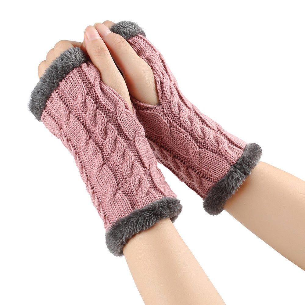 Winter Plush Gloves Twist Knitted Fingerless Fleece Gloves Women Warm Thickened Woolen Gloves Image