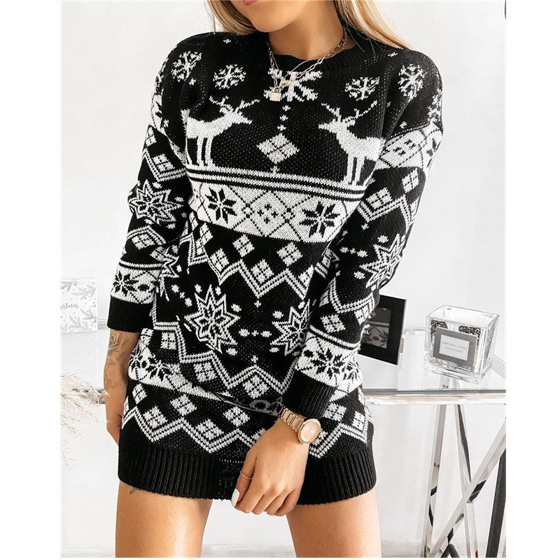 Elk Snowflake Christmas Jacquard Knitted Dress Long Knitted Sweaters Image