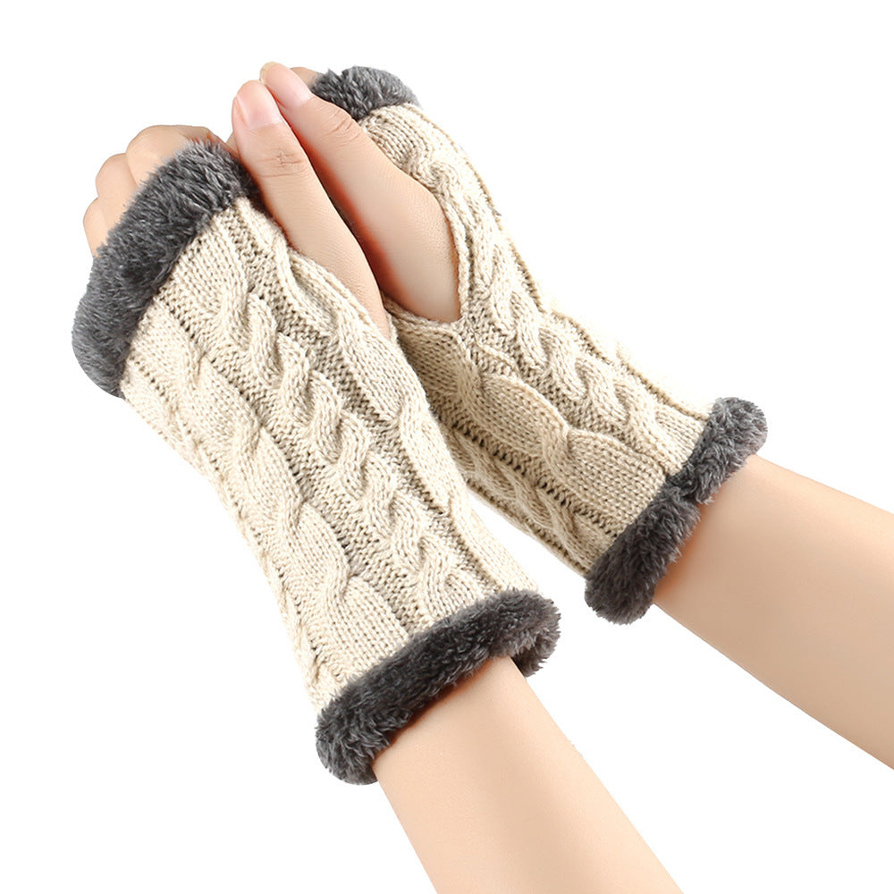 Winter Plush Gloves Twist Knitted Fingerless Fleece Gloves Women Warm Thickened Woolen Gloves Image