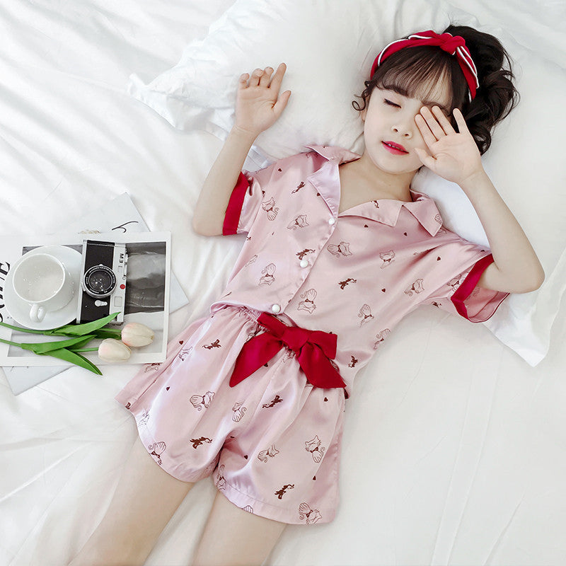 Girls Summer Cartoon Pajamas Short-sleeved Shorts Two-piece Suit Image