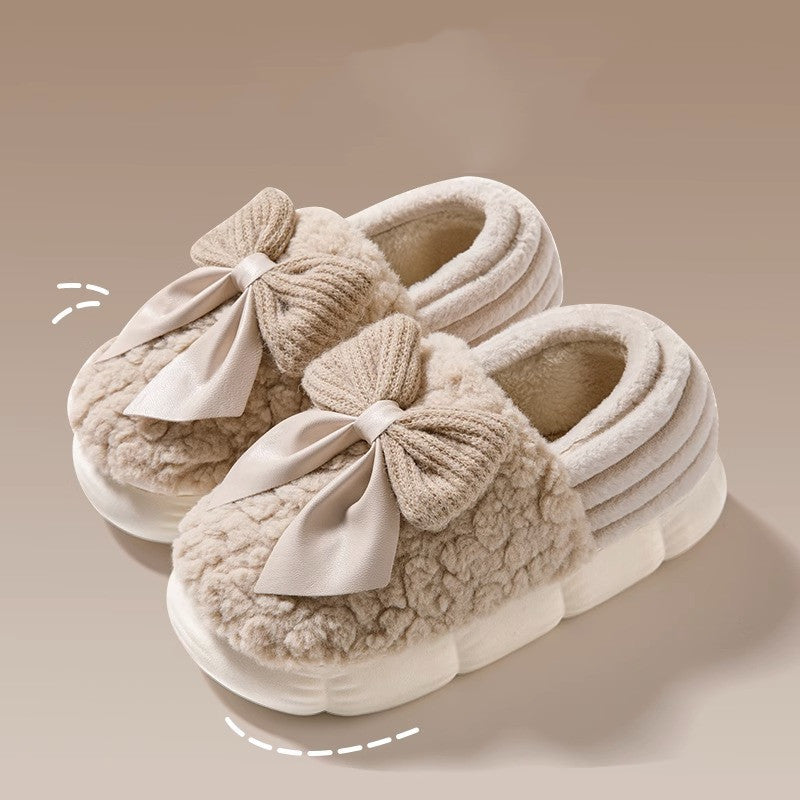 Big Bow-knot Fluffy Slippers Winter Warm Covered Heel Cotton Shoes Fashion Thick-soled Platform Slippers Indoor And Outdoor Garden Walking Shoes Image