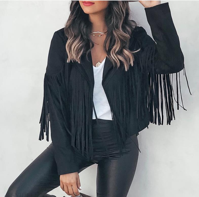 Women's Faux Suede Leather Fringe Jacket Motorcycle Moto Biker Short Open Front Tassel Coat Image