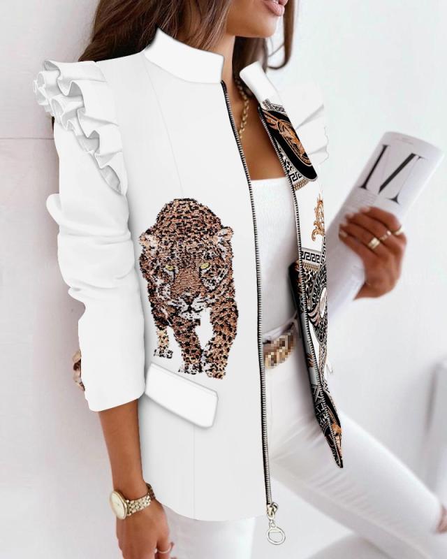 Check Leopard Print Zip Ruffle Shoulder Jacket Image