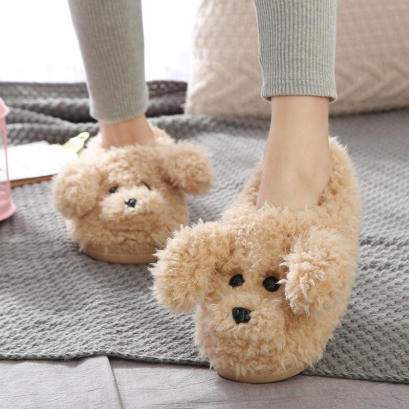 Comwarm Cute Dog Short Plush Slippers For Women 2023 Winter Warm Furry Cotton Shoes Couples Home Indoor Bedroom Cozy Slippers Image