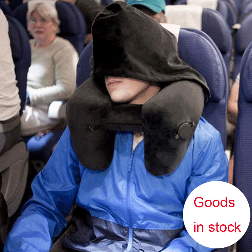 Hooded Travel Pillow H Shaped Inflatable Neck Pillow Folding Lightweight Nap Car Seat Office Airplane Sleeping Cushion Pillows Image