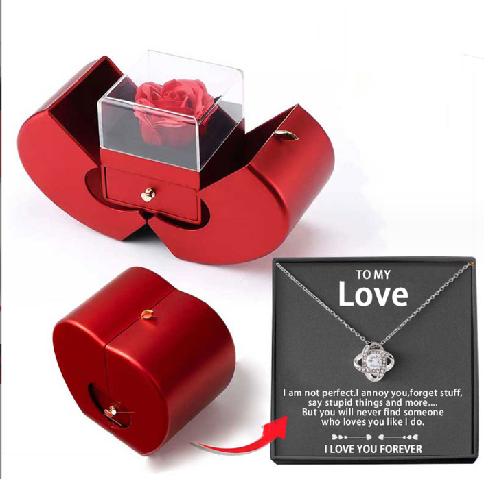 Fashion Jewelry Box Red Apple Christmas Gift Necklace Eternal Rose For Girl Mother's Day Valentine's Day Gifts With Artificial Flower Rose Flower Jewelry Box Image