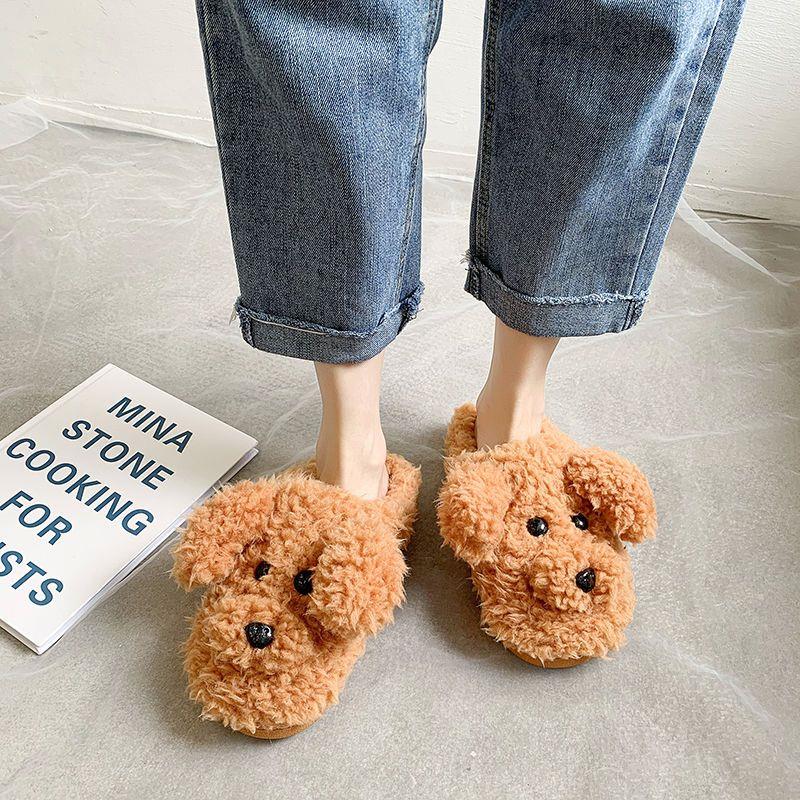 Comwarm Cute Dog Short Plush Slippers For Women 2023 Winter Warm Furry Cotton Shoes Couples Home Indoor Bedroom Cozy Slippers Image