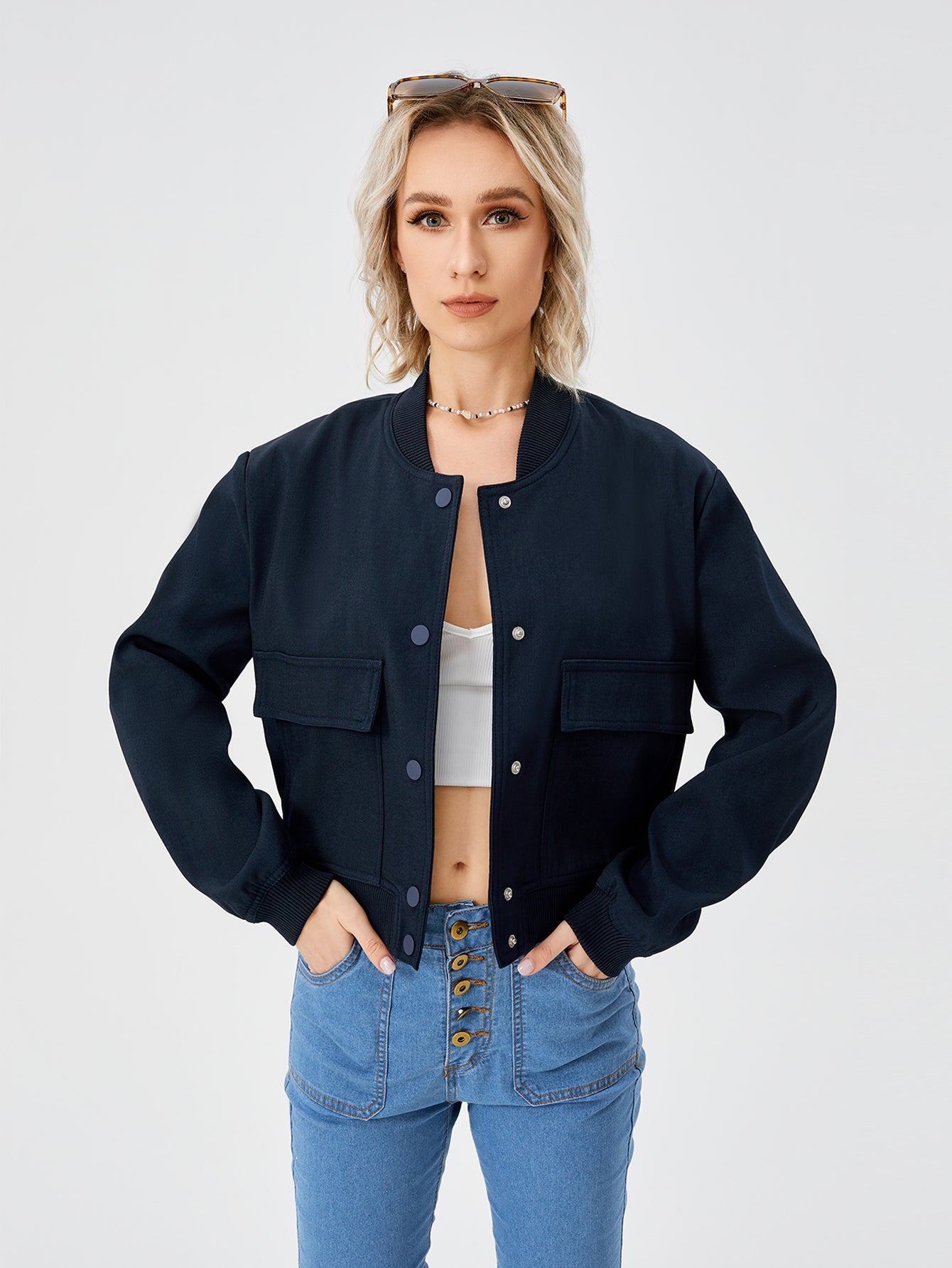 Women's Lightweight Cropped Bomber Jacket Casual Long Sleeve Varsity Jacket With Pocket Fashion Y2k Jacket Streetwear Image