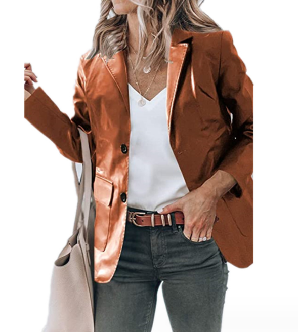 Lapel Single Breasted Solid Color PU Leather Women's Coat Image