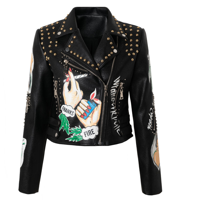 New Jacket Leather Fashion Personality Women's Print Rivet Jacket Short Image