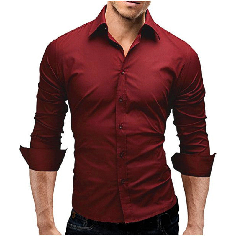 Men's Slim-fit Long-sleeved Solid Color Simple Formal Shirt Image