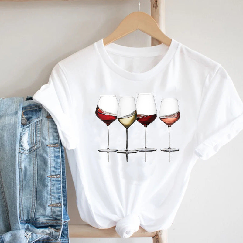 Women Printing Clothing Wine Lady Short Sleeve Casual Image