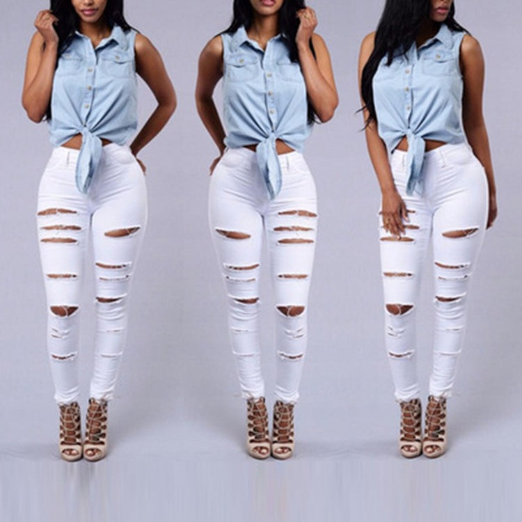 Ripped Jeans Women Skinny Trousers Casual High Waist Pencil Pants Image