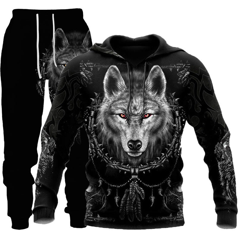 3D Wolf Print Tracksuit Men Sportswear Hooded Sweatsuit Two Piece Outdoors Running Fitness Mens Clothing Jogging Set Image