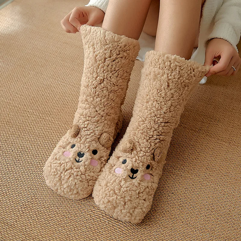 Cute Cartoon Bear Fuzzy Socks For Women, Comfortable Winter Soft Warm Slipper Socks, Casual Sleep Socks For Indoor Women's Fuzzy Socks Winter Warm Fluffy Soft Slipper Home Sleeping Cute Animal Socks Image