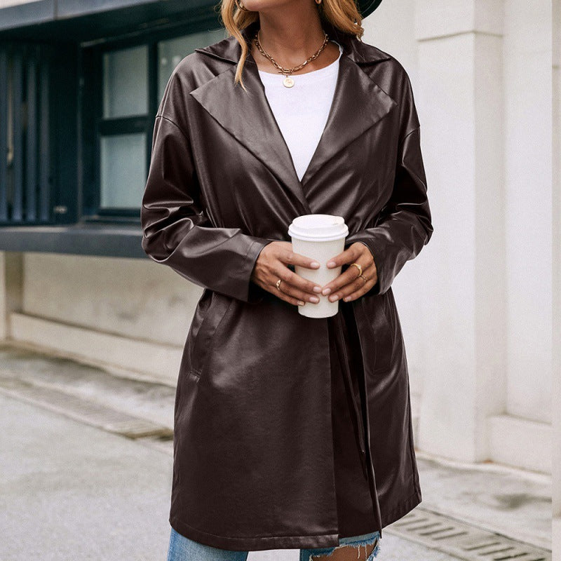 Mid-length Leather Western-lace Slim Long-sleeved Trench Coat Image