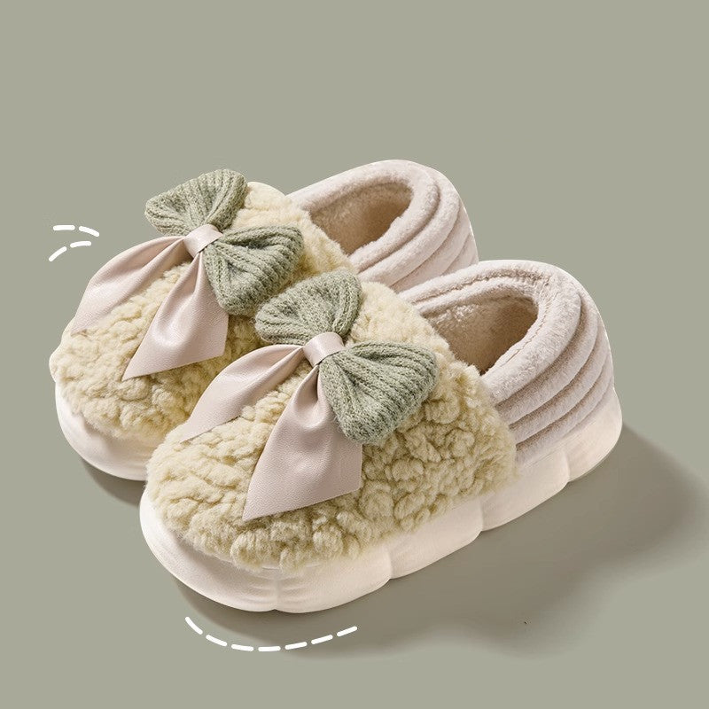 Big Bow-knot Fluffy Slippers Winter Warm Covered Heel Cotton Shoes Fashion Thick-soled Platform Slippers Indoor And Outdoor Garden Walking Shoes Image