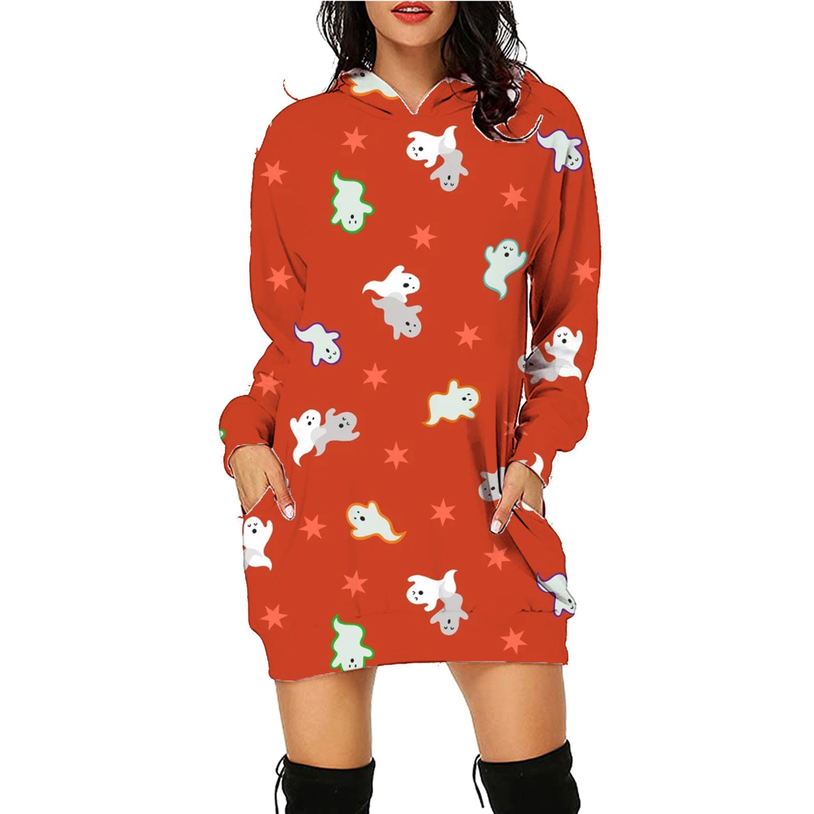 Halloween Print Long Hoodie With Pockets Sweater Long Sleeve Clothes Women Image