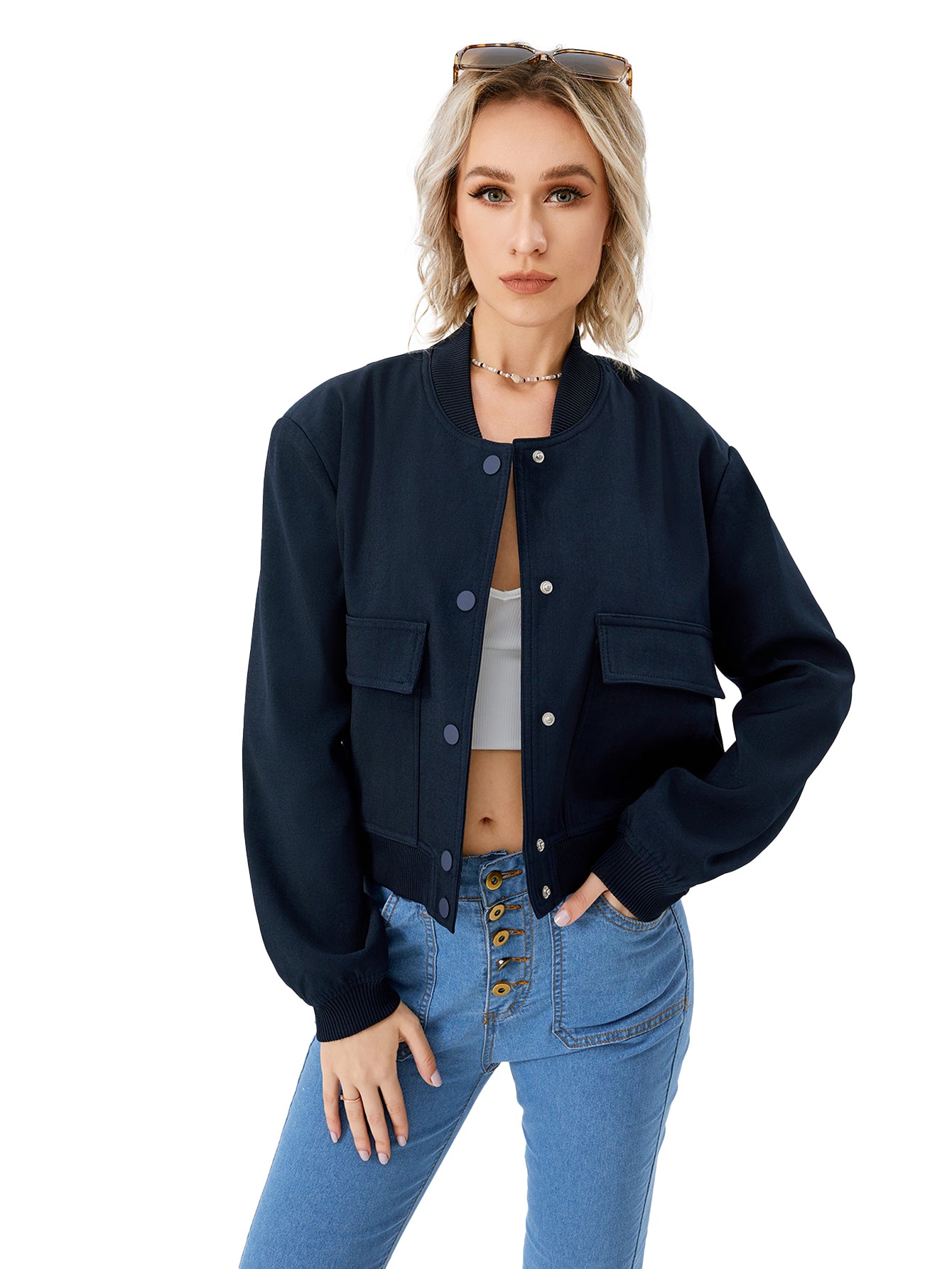 Women's Lightweight Cropped Bomber Jacket Casual Long Sleeve Varsity Jacket With Pocket Fashion Y2k Jacket Streetwear Image