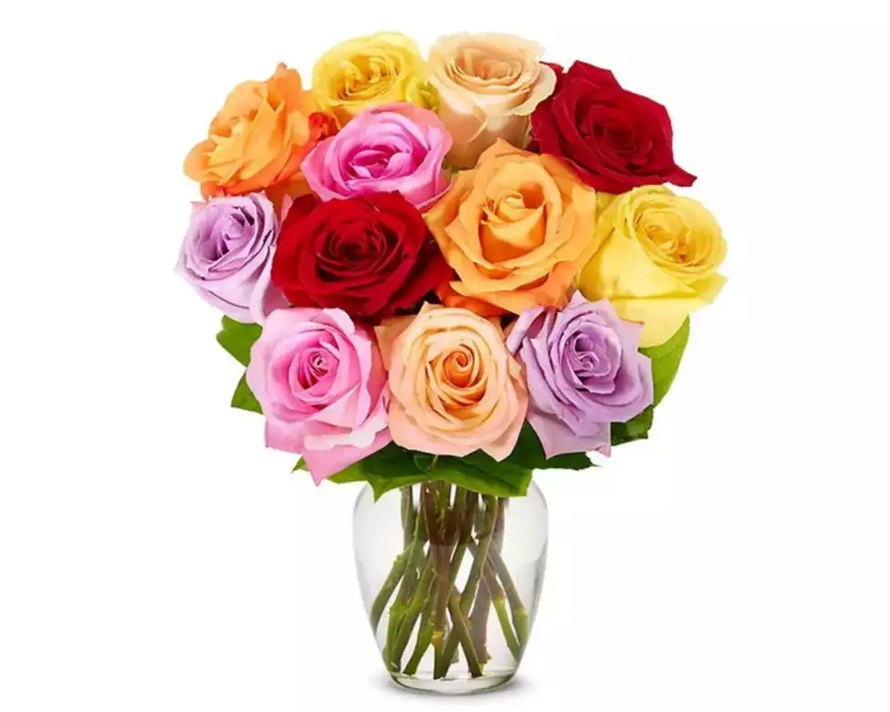 One Dozen Rainbow Roses With Glass Vase Image